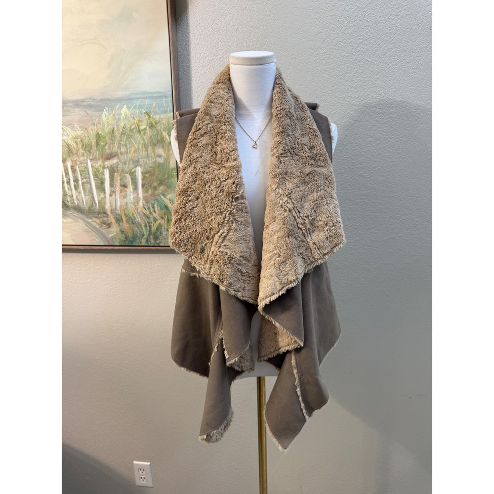 Dylan Faux Suede Sherpa Drape Vest Women's XS Taupe Open Front Cozy Layer